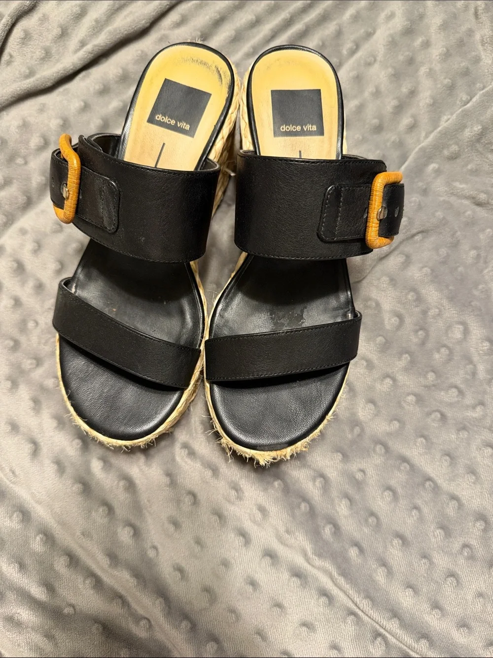 Dolce Vita Black Leather Espadrille Slide Sandals with Tan Buckles